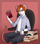  abstract_background anthro belt book buckteeth chair clothed clothing eyewear fur glasses grey_eyes hair interrupted jeans male mammal mouse occam_(character) open_shirt pants reading red_hair rodent scarlet-frost sitting solo teeth watch white_fur 