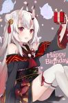  1girl arm_up fang gift hair_bun hair_ornament happy_birthday highres hololive horns japanese_clothes long_hair multicolored_hair nakiri_ayame open_mouth red_eyes simple_background sitting solo tacos_rr thighhighs virtual_youtuber 
