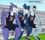  athletic bleachers bulge canine clothing digimon dog facial_piercing flamedramon gaomon giancarlo_rosato gumdramon ivan_(roommates) jersey mammal nose_piercing open_mouth patreon patrick_(roommates) piercing roommates_(comic) scalie septum_piercing signature sitting sneakers spelunker_sal story_at_source tight_clothing 