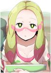  :o bad_id bad_pixiv_id breasts cleavage downblouse facepaint green_eyes green_hair highres long_hair looking_at_viewer matsurika_(pokemon) medium_breasts notebook pink_hair pokemon pokemon_(game) pokemon_sm solo trial_captain upper_body wada_kazu 