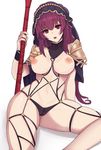  breasts cross-laced_clothes fate/grand_order fate_(series) gg-e highres large_breasts long_hair looking_at_viewer nipples pauldrons purple_hair red_eyes scathach_(fate)_(all) scathach_(fate/grand_order) solo veil 