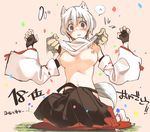  animal_ears assisted_exposure bad_id bad_pixiv_id breasts commentary_request detached_sleeves fingerless_gloves gloves hakama highres hip_vent inubashiri_momiji japanese_clothes medium_breasts navel nipples red_eyes seu_kaname shirt_lift short_hair sitting solo_focus tabi tail touhou wariza white_hair white_sleeves wolf_ears 