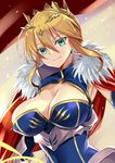  aqua_eyes armor artoria_pendragon_(all) artoria_pendragon_(lancer) bangs blonde_hair blue_dress braid breasts cape center_opening cleavage closed_mouth crown dress dutch_angle eyebrows_visible_through_hair fate/grand_order fate_(series) fur_trim hair_between_eyes harimoji large_breasts long_hair looking_at_viewer sidelocks smile solo upper_body 
