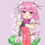  bandaged_arm bandages bangs bun_cover chain chinese_clothes cuffs double_bun eyebrows eyebrows_visible_through_hair flower highres ibaraki_kasen open_mouth pink_eyes pink_flower pink_hair pink_rose puffy_sleeves rose shackles short_hair short_sleeves solo suasuri tabard touhou 