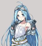  ahoge alternate_costume bangs bare_shoulders belt blue_eyes blue_hair blush breasts covered_nipples granblue_fantasy hirowa_nagi long_hair looking_at_viewer lyria_(granblue_fantasy) open_clothes open_mouth parted_bangs see-through shirt small_breasts solo sweat upper_body very_long_hair white_shirt 