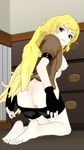  1girl 3d anus ass barefoot blonde_hair breasts drawer feet fingerless_gloves gloves long_hair looking_at_viewer lvl3toaster nipples open_jacket purple_eyes pussy rwby scarf short_shorts short_sleeves sideboob soles toes yang_xiao_long 