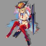  animal animal_on_head blonde_hair blue_eyes cat dirty feathers full_body hat highres midriff navel on_head peroshi_(graphic_loops) pout shoes single_shoe sword thighhighs toes torn_clothes weapon 