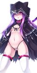  animal_hood bra braid breasts collar covered_nipples cowboy_shot fate/grand_order fate_(series) hood long_hair looking_at_viewer medusa_(lancer)_(fate) micro_bra micro_panties navel open_mouth panties purple_eyes purple_hair red_collar rider shimo_(depthbomb) simple_background single_braid small_breasts solo string_panties thighhighs underboob underwear white_background white_bra white_legwear white_panties 