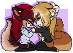  anthro canine chibi clothed clothing dtalvi duo female fur hair kneeling mammal smile thick_thighs 