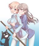  belt blonde_hair blue_eyes blush brave_witches breast_grab breasts brown_hair eila_ilmatar_juutilainen eyebrows_visible_through_hair female_pervert grabbing grabbing_from_behind gradient gradient_background grin holding impossible_clothes impossible_sweater konnyaku_(kk-monmon) large_breasts leaning_forward long_hair miyafuji_yoshika multiple_girls nikka_edvardine_katajainen open_mouth pantyhose pervert purple_eyes short_hair silhouette_demon small_breasts smile strike_witches sweater uniform white_legwear world_witches_series yuri 