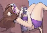  2017 anthro brown_hair clothed clothing dandee_(character) digital_drawing_(artwork) digital_media_(artwork) eyewear feline female fur glasses hair holding_object holding_phone lion long_hair looking_at_viewer luxarts lying mammal phone sofa solo tan_fur tongue tongue_out white_lion wide_hips 