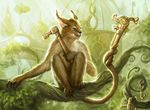  anthro city cityscape claws feline front_view fur hammer holding_object hybrid magic_the_gathering mammal monkey official_art prehensile_tail primate shreya_shetty sitting tools tree whiskers 