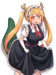  black_dress blonde_hair commentary_request dragon_girl dragon_tail dress fang gloves highres horns kobayashi-san_chi_no_maidragon long_hair looking_at_viewer maid maid_headdress necktie open_mouth orange_eyes skirt_hold slit_pupils smile solo tail tooru_(maidragon) twintails very_long_hair white_gloves zenn 