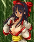  ainu_clothes areola_slip areolae bamboo bamboo_forest black_hair bow breasts cleavage cleavage_reach dappled_sunlight fingerless_gloves forest gloves hair_bow hairband highres long_hair medium_breasts nakoruru nature no_bra puffy_short_sleeves puffy_sleeves red_bow samurai_spirits sash serin199 short_sleeves solo sunlight undressing 
