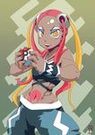  abs bare_shoulders black_pants black_shirt blonde_hair breasts chawalit_adsawawalanon eyeshadow fingernails forehead ganguro groin hair_ornament highres holding holding_poke_ball long_hair looking_at_viewer makeup medium_breasts nail_polish navel open_mouth orange_eyes pants pink_hair plumeri_(pokemon) poke_ball poke_ball_(generic) pokemon pokemon_(game) pokemon_sm quad_tails red_nails sharp_teeth shirt skull_hair_ornament solo standing tan tank_top tattoo team_skull teeth tongue wristband 