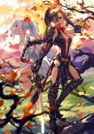  armor armored_boots autumn_leaves baisi_shaonian barefoot black_gloves blue_eyes boots breasts brown_hair cleavage dress elbow_gloves flower full_body gloves hair_flower hair_ornament hand_in_hair high_ponytail highres holding holding_sword holding_weapon long_hair medium_breasts multiple_girls outdoors red_eyes red_flower silver_hair sitting standing sword tianxia_shouyou weapon white_dress 