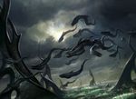  cloudscape daniel_ljunggren dutch_angle eel feral fish flying group levitating magic_the_gathering marine multi_eye official_art open_mouth seascape sky tower 