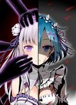  absurdres black_hair black_hands blood blood_on_face bloody_clothes blue_eyes breasts emilia_(re:zero) grin highres medium_breasts mogusansan multiple_girls purple_eyes re:zero_kara_hajimeru_isekai_seikatsu rem_(re:zero) shaded_face smile split_image white_hair 