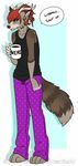  anthro antlers beverage canine clothed clothing coffee cup dtalvi english_text female fur hair horn hybrid mammal solo standing text 