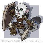  anthro armor canine chibi clothed clothing dtalvi female fur hair heterochromia mammal melee_weapon open_mouth shield solo sword weapon 