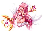  bad_id bad_pixiv_id bare_shoulders boots breasts gloves holding holding_staff large_breasts leotard long_hair magical_girl nagai_wataru open_mouth original pink_hair pink_leotard smile solo staff thigh_boots thighhighs twintails white_leotard 