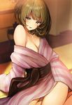  bad_id bad_pixiv_id bangs bare_shoulders bath_yukata blue_eyes blush breasts brown_hair cleavage collarbone green_eyes half_updo heterochromia idolmaster idolmaster_cinderella_girls japanese_clothes kimono large_breasts looking_at_viewer mia_(miaflocon) mole mole_under_eye off_shoulder onsen open_mouth ryokan short_hair smile solo takagaki_kaede thighs undressing yukata 