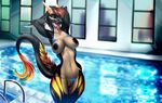  2017 anthro bikini breasts clothing dragon female nipples pussy skygracer solo swimming_pool swimsuit tongue tongue_out 