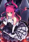  &gt;:) bangs blue_eyes blush bow candle claws dated detached_sleeves dragon_girl dragon_tail dress elizabeth_bathory_(fate) elizabeth_bathory_(fate)_(all) fate/extra fate/extra_ccc fate_(series) flat_chest frilled_dress frills hair_between_eyes holding holding_microphone horns koruta_(nekoimo) long_hair looking_at_viewer microphone microphone_stand pink_hair pointy_ears sidelocks signature smile solo tail tail_bow v-shaped_eyebrows wrist_cuffs 