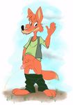  anthro balls barefoot br&#039;er_fox canine celestial clothed clothing disney erection flat_colors fox looking_at_viewer male mammal navel pants_down partially_clothed peeing penis retracted_foreskin shirt smile solo song_of_the_south standing uncut urine vest waving 