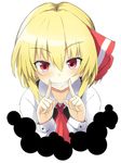  ascot bangs blonde_hair bow collared_shirt commentary_request eyebrows_visible_through_hair fingersmile hair_between_eyes hair_bow hands_up long_sleeves looking_at_viewer red_bow red_eyes rumia sharp_teeth shirt simple_background solo teeth tirotata touhou upper_body white_background white_shirt 