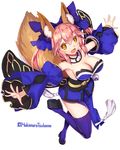  \||/ animal_ears blue_legwear bow breasts cleavage detached_sleeves fang fate/extra fate_(series) fox_ears fox_tail full_body hair_bow hair_ribbon japanese_clothes large_breasts open_mouth pink_hair ribbon simple_background solo tail tamamo_(fate)_(all) tamamo_no_mae_(fate) white_background yellow_eyes yukimura_tsubame 