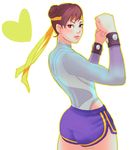  alternate_costume ass brown_eyes brown_hair chun-li clenched_hands double_bun eyebrows from_behind headband heart jaimito lips looking_back short_hair short_shorts shorts solo street_fighter street_fighter_zero_(series) studded_bracelet unitard 