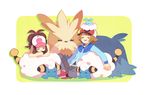  1girl bad_id bad_pixiv_id baseball_cap blush_stickers brown_hair closed_eyes closed_mouth gen_2_pokemon gen_5_pokemon hat long_hair mareep open_mouth pokemon pokemon_(creature) pokemon_(game) pokemon_bw ponytail short_hair simple_background sleeping smile stoutland touko_(pokemon) touya_(pokemon) zges 