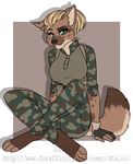  anthro canine clothed clothing dtalvi female fur hair looking_at_viewer mammal simple_background sitting smile solo 