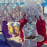  assassin_(fate/stay_night) dark_skin dark_skinned_male fate/apocrypha fate/grand_order fate/stay_night fate_(series) hat long_hair looking_at_viewer male_focus miyoshi_(m-mallow) multiple_boys open_mouth ponytail siegfried_(fate) smile translated white_hair 