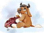  2017 anthro bag big_ears biped black_hair black_hooves black_horn black_nose bovine brown_eyes brown_fur brown_tail cattle cherry cloven_hooves contour_(character) digital_media_(artwork) dragonasis ear_piercing eating eyebrows food fruit full-length_portrait fur hair hooved_fingers hooves horn long_ears looking_at_viewer male mammal multicolored_fur multicolored_tail nude piercing pink_tongue portrait side_view signature simple_background sitting solo tail_tuft textured_background tongue tongue_out tuft two_tone_fur two_tone_tail white_fur white_tail 