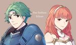  1girl alm_(fire_emblem) armor bare_shoulders breasts celica_(fire_emblem) circlet cleavage copyright_name dress earrings fire_emblem fire_emblem_echoes:_mou_hitori_no_eiyuuou green_eyes green_hair ichikeita jewelry lipstick long_hair makeup pauldrons red_eyes red_hair simple_background sleeveless small_breasts smile strapless strapless_dress tiara upper_body weapon 