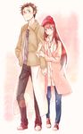  1girl alternate_costume arm_grab arm_hug axi125 bad_id bad_pixiv_id beanie black_hair blush brown_eyes brown_hair collared_shirt denim eyewear_hang eyewear_removed glasses hat highres jacket jeans jewelry labcoat long_hair looking_at_another makise_kurisu necklace okabe_rintarou open_mouth pants purple_eyes shirt shoes short_hair sneakers steins;gate 