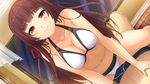 1girl akinashi_yuu ao_no_kanata_no_four_rhythm ao_no_kanata_no_four_rhythm_-es- bare_arms bare_legs bare_shoulders bed bikini blush breasts brown_hair game_cg girl_on_top highres hime_cut indoors large_breasts legs long_hair looking_at_viewer lying navel on_bed pov red_eyes sitting sitting_on_person smile solo_focus suzumori thighs white_bikini 