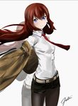  akgotch belt blue_eyes breasts collared_shirt cowboy_shot denim denim_shorts highres jacket long_hair looking_at_viewer makise_kurisu necktie pantyhose pantyhose_under_shorts red_hair shirt shorts signature small_breasts solo steins;gate tareme white_background 