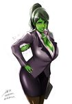  blush breasts business_suit cleavage commentary cosplay formal green_hair green_skin hair_up jennifer_walters jewelry large_breasts long_hair marvel muscle muscular_female necklace pantyhose pencil_skirt purple_eyes raised_eyebrow she-hulk shibusun skirt smile solo suit sweatdrop torn_clothes veins 