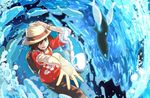  adjusting_clothes adjusting_hat backpack bag bangs brown_hair brown_shorts gen_7_pokemon green_eyes hat male_focus natsuno_hamuto pokemon pokemon_(creature) pokemon_(game) pokemon_sm red_shirt shirt shorts smile swept_bangs t-shirt trilby waves wishiwashi you_(pokemon) z-ring 