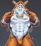  abs bell blush bulge christmas costume eyewear feline fur harness holidays laon8130 lion male mammal monocle muscular muscular_male navel nipples onesie pecs penis pubes snow_(tas) solo tokyo_afterschool_summoners white_fur 