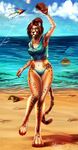  2013 4_toes 5_fingers anthro baphometall baseball_(disambiguation) beach breasts brown_hair clothed clothing day detailed_background digital_media_(artwork) digitigrade feline female green_eyes hair mammal seaside sky solo standing toes water whiskers wide_hips 