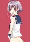  1girl :o akane_souichi bangs blush bottomless brown_eyes butt_crack covering_mouth eyebrows_visible_through_hair from_behind gloves grey_hair hair_between_eyes kantai_collection looking_at_viewer looking_back open_mouth out-of-frame_censoring red_background sakawa_(kantai_collection) school_uniform serafuku short_hair simple_background solo sweatdrop white_gloves 