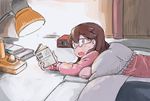 alarm_clock bespectacled blanket book brown_eyes brown_hair clock commentary_request enjaku_izuku fang futon glasses hair_down highres kantai_collection lamp long_sleeves looking_at_viewer lying on_stomach open_mouth ryuujou_(kantai_collection) solo sweatdrop 