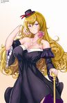  absurdres alternate_costume black_dress blonde_hair blue_eyes boli_youqing breasts cane chess_piece cleavage covered_nipples curly_hair detached_sleeves dress drill_hair flower frilled_sleeves frills hat highres jewelry large_breasts lion_(zhan_jian_shao_nyu) long_hair looking_at_viewer mini_hat necklace pink_flower rose single_earring solo strapless strapless_dress wide_sleeves zhan_jian_shao_nyu 