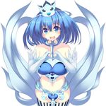  :d bangs bare_shoulders black_legwear blue_eyes blue_hair blush breasts collarbone commentary_request cowboy_shot crown elbow_gloves eyebrows_visible_through_hair gloves hair_between_eyes hands_up heart heart-shaped_pupils heart_hands large_breasts long_hair looking_at_viewer midriff mini_crown navel open_mouth original own_hands_together personification phantasy_star phantasy_star_online_2 revealing_clothes simple_background smile solo striped striped_legwear sukage symbol-shaped_pupils thighs vertical-striped_legwear vertical_stripes white_background white_legwear 