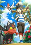  animal animal_on_head backpack bag bangs baseball_cap black_hair black_hat blue_eyes blue_sky capri_pants day flower gen_7_pokemon grubbin hat hibiscus litten lowres male_focus natsuno_hamuto on_head palm_tree pants pikipek pokemon pokemon_(creature) pokemon_(game) pokemon_on_head pokemon_on_shoulder pokemon_sm shirt shoes signature sky sleeping sleeping_on_person smile sneakers striped striped_shirt t-shirt tree walking you_(pokemon) yungoos 