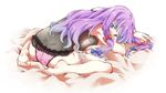  ass bare_legs barefoot blue_bow blue_eyes blush bow breasts hair_bow large_breasts leg_garter lingerie long_hair looking_at_viewer lying negligee panties patchouli_knowledge pink_panties purple_hair red_bow simple_background solo touhou underwear white_background yamada_yukihito 